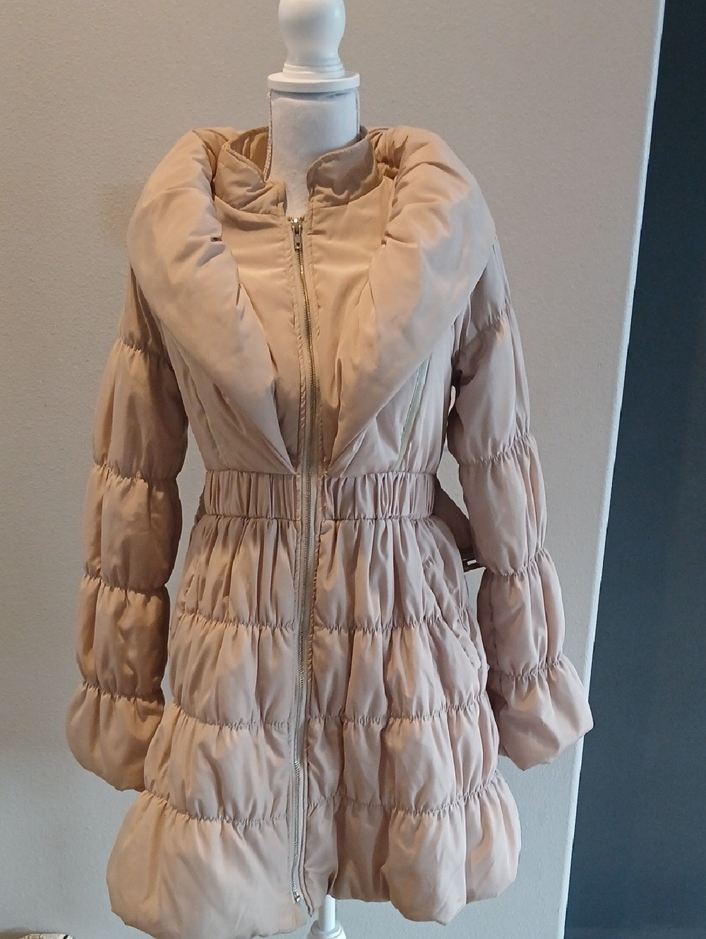 Saint Gil Paris Ruffle Women's Tan Puffer Coat with Funnel Collar Belt